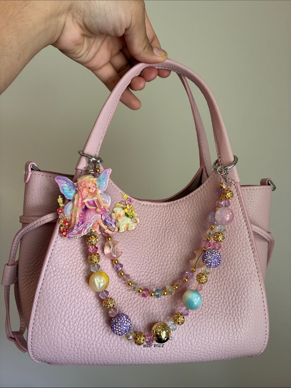 Pink Fairy Beaded Keychain Charm with Dog Accent